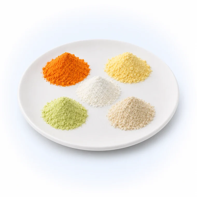 Antara by Kromasol, vitaminas y minerales de la porción, cinco polvos de distintos colores en un plato