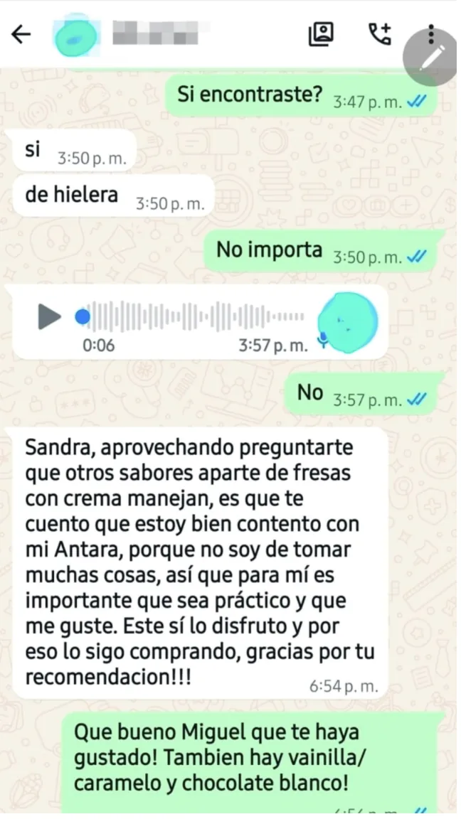 Reseña de cliente por WhatsApp sobre otros sabores de Antara en Nutrición Activa