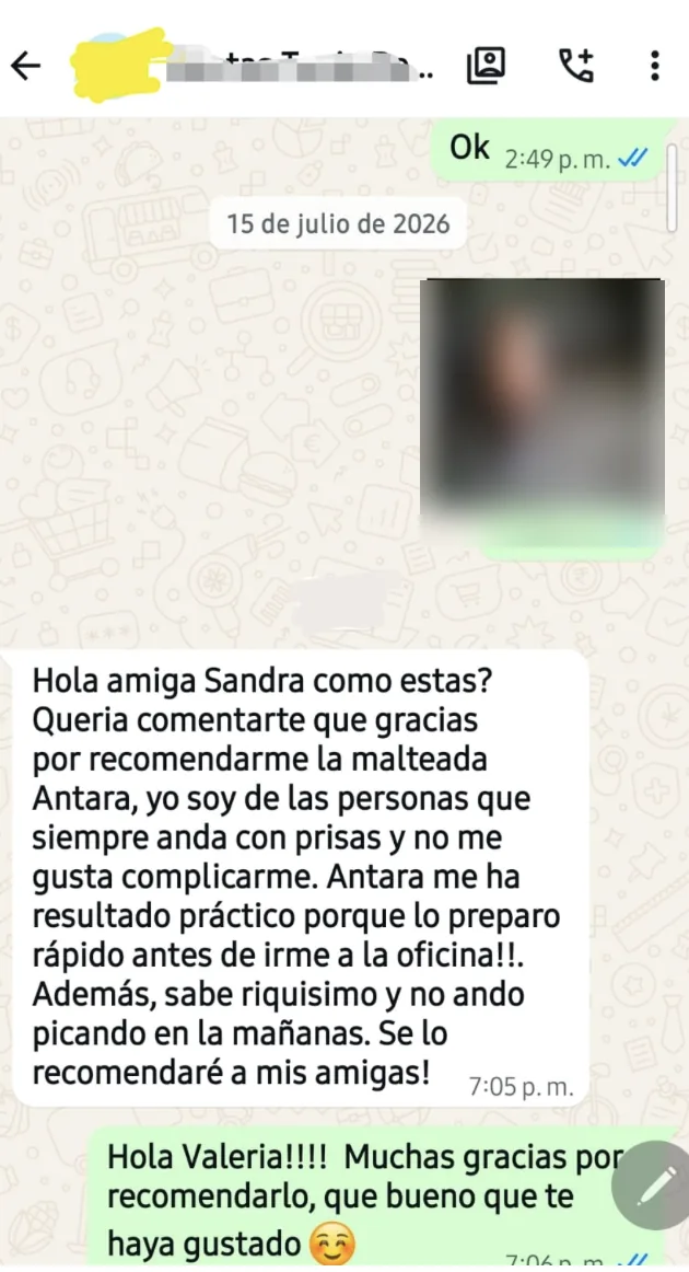 Reseña de clienta por WhatsApp sobre lo práctico de Antara en Nutrición Activa
