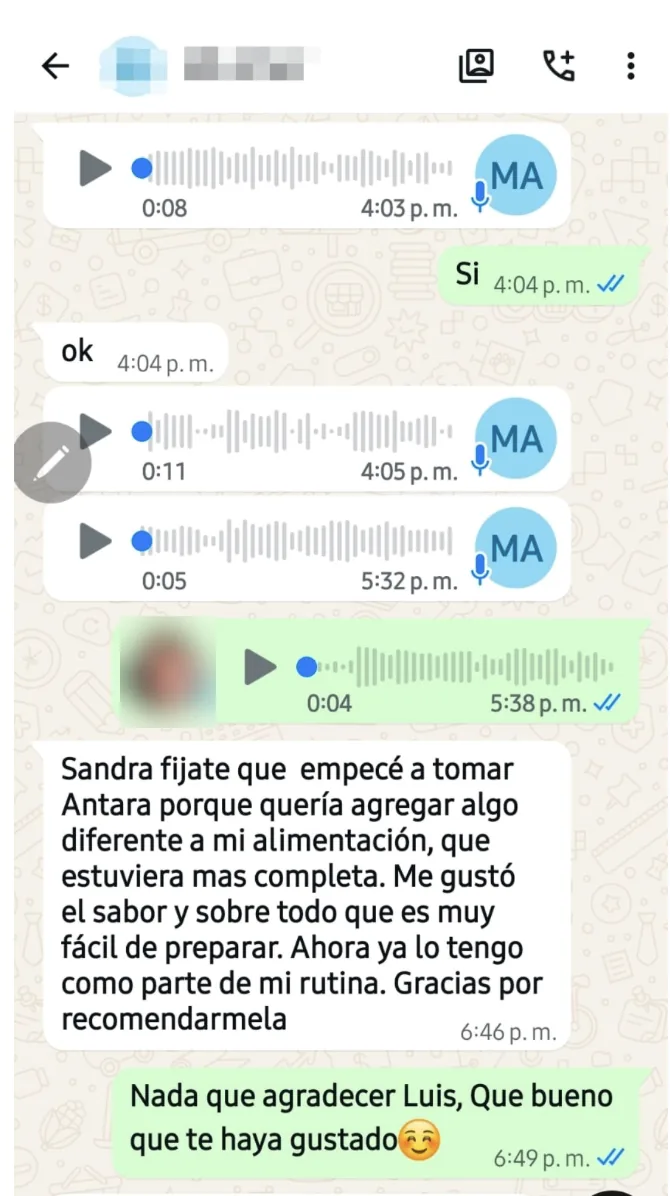 Reseña de clienta por WhatsApp sobre el sabor y la preparación de Antara en Nutrición Activa