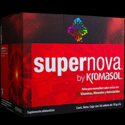 Supernova de Kromasol, caja de 36 sobres sabor cereza con vitaminas, minerales y aminoácidos